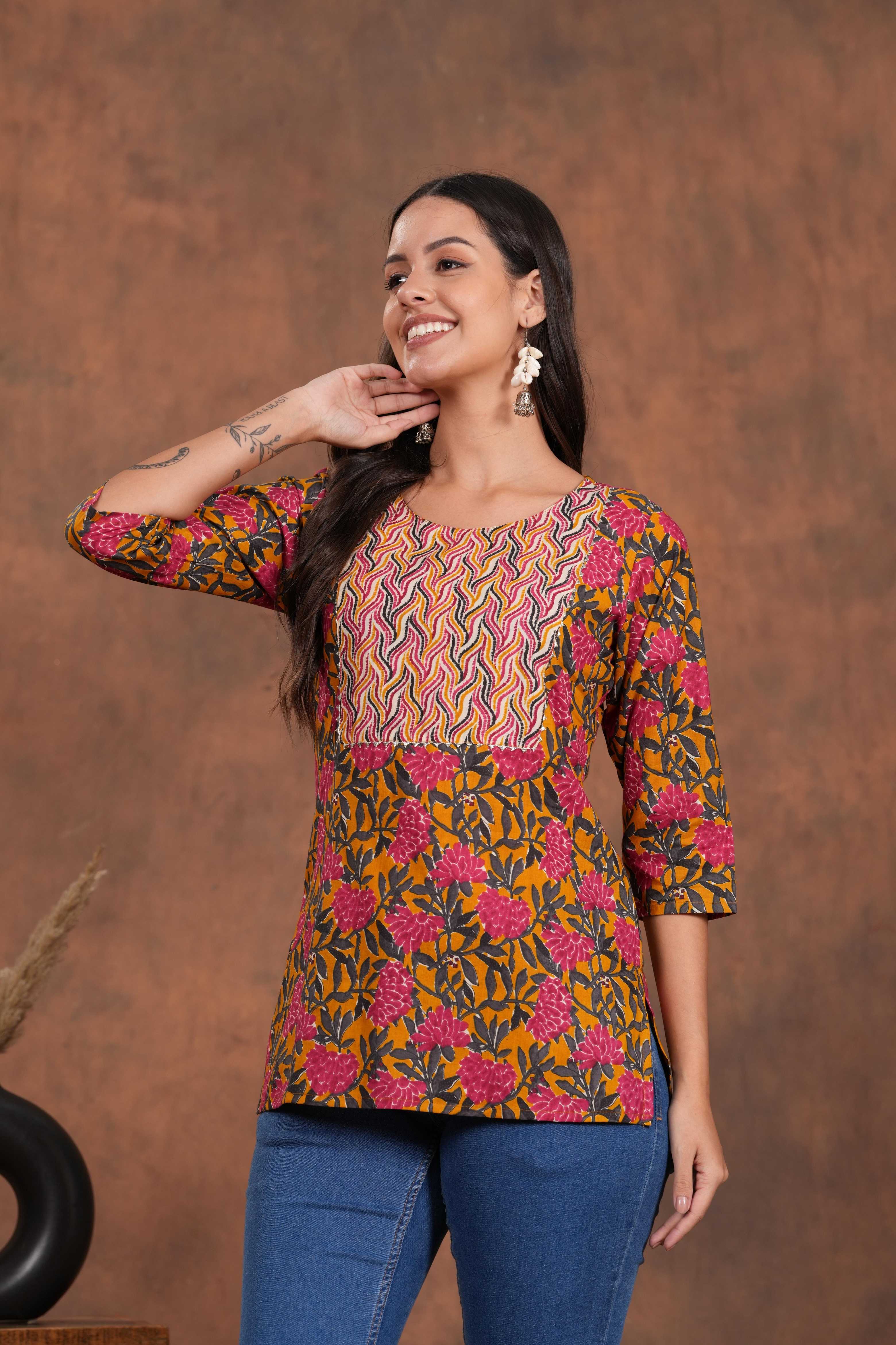 Yellow with Red Print A Stylish Yoke Short Kurti-A Bright and Bold Blend for Effortless Charm