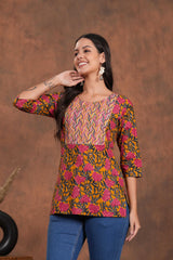 Yellow with Red Print A Stylish Yoke Short Kurti-A Bright and Bold Blend for Effortless Charm
