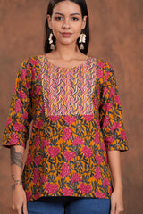 Yellow with Red Print A Stylish Yoke Short Kurti-A Bright and Bold Blend for Effortless Charm