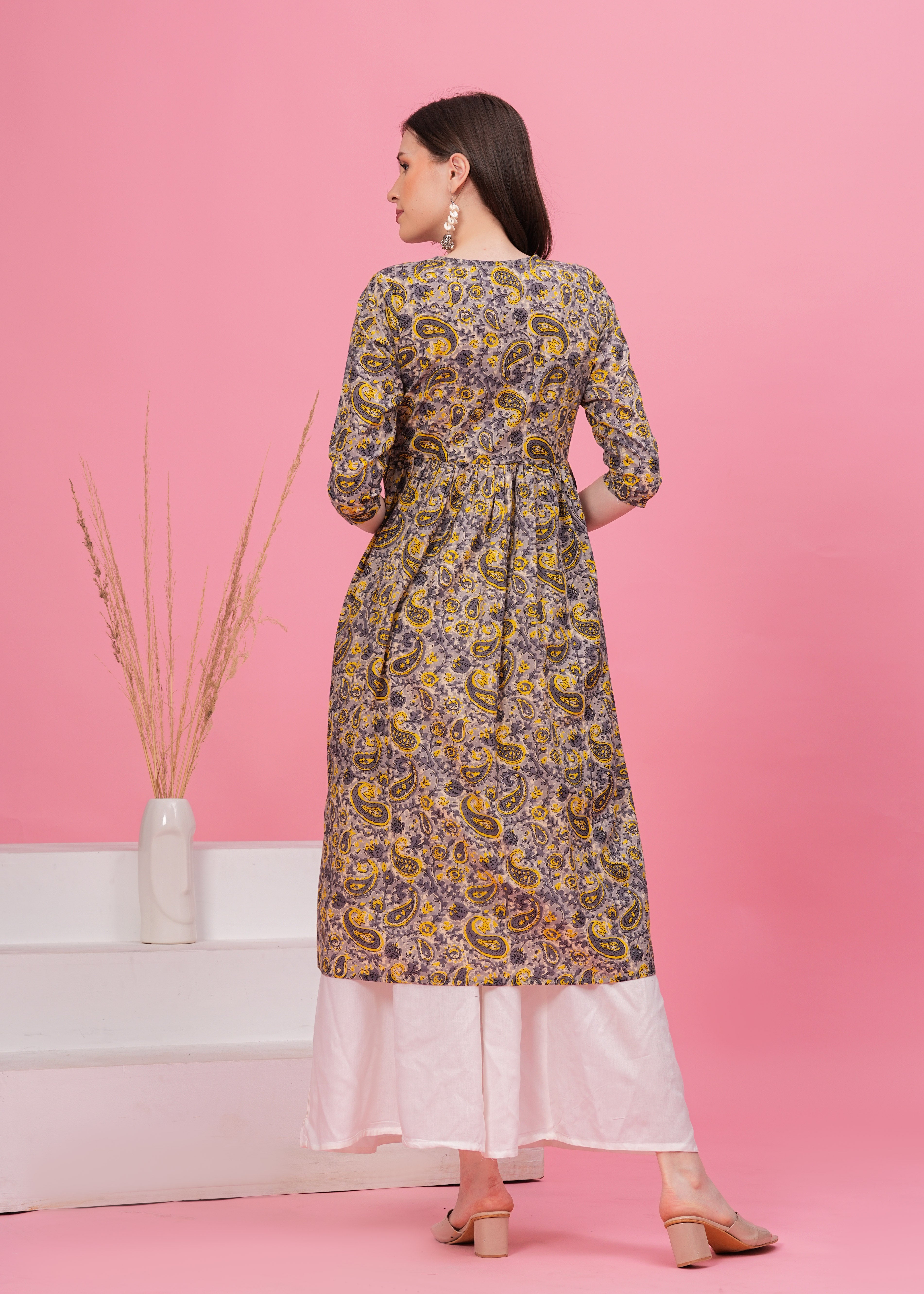 Flared Alia Cut Grey Printed Cotton Kurta with White Divider Kurta Set