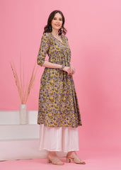 Flared Alia Cut Grey Printed Cotton Kurta with White Divider Kurta Set