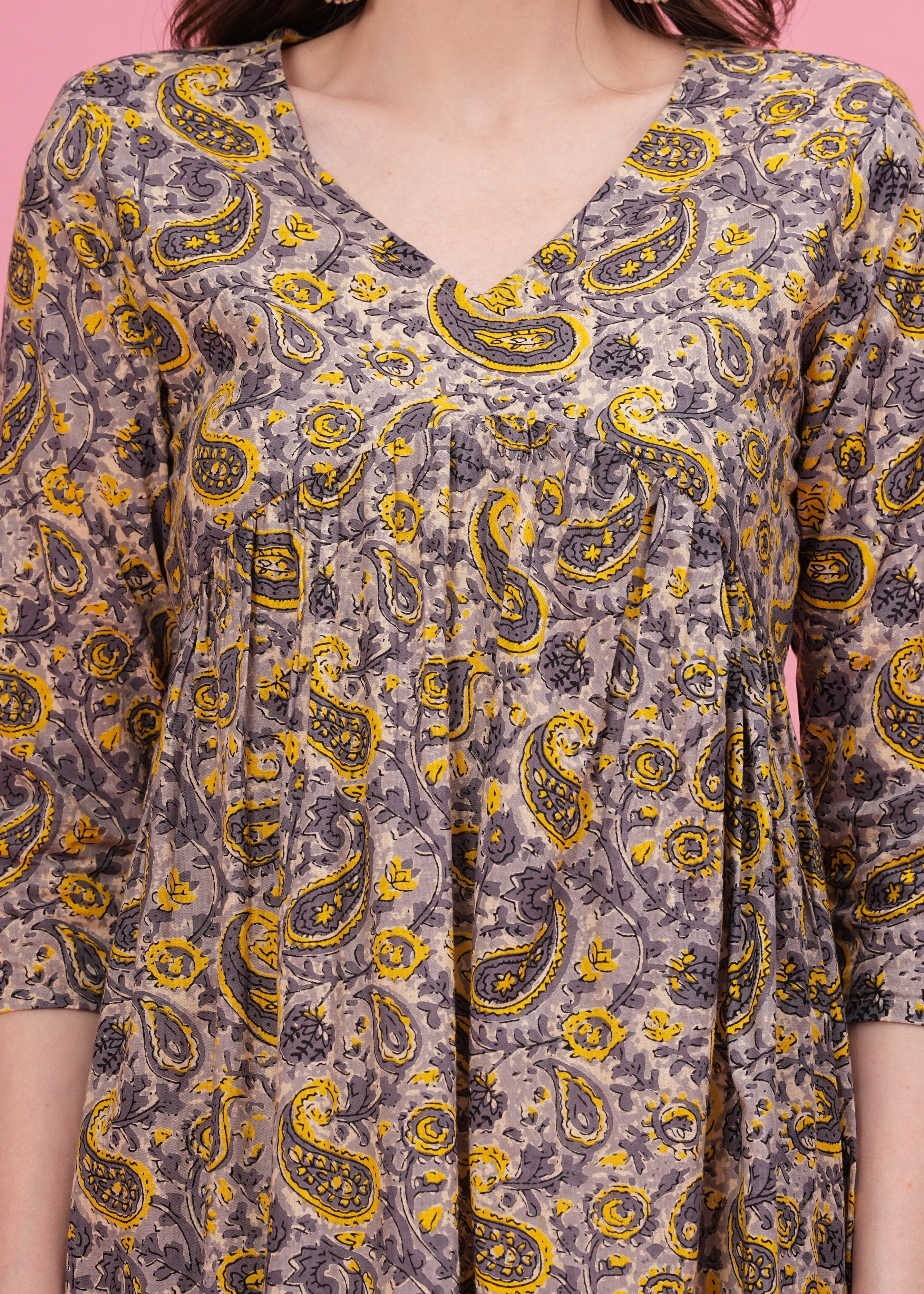 Chic Grey Cotton Kurti with Flared Alia Cut and Intricate Prints - A Versatile Piece for Casual and Festive Occasions