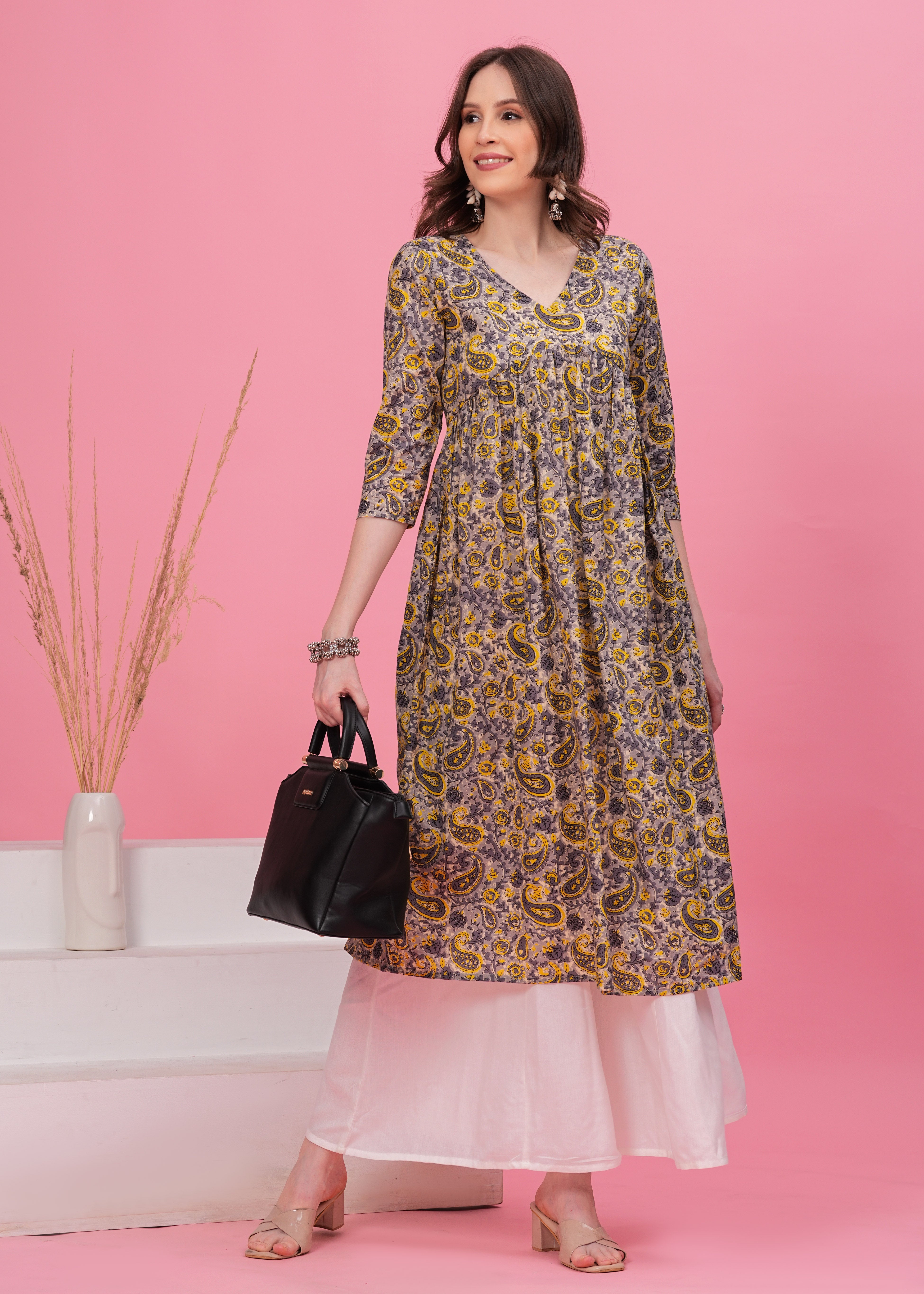 Flared Alia Cut Grey Printed Cotton Kurta with White Divider Kurta Set