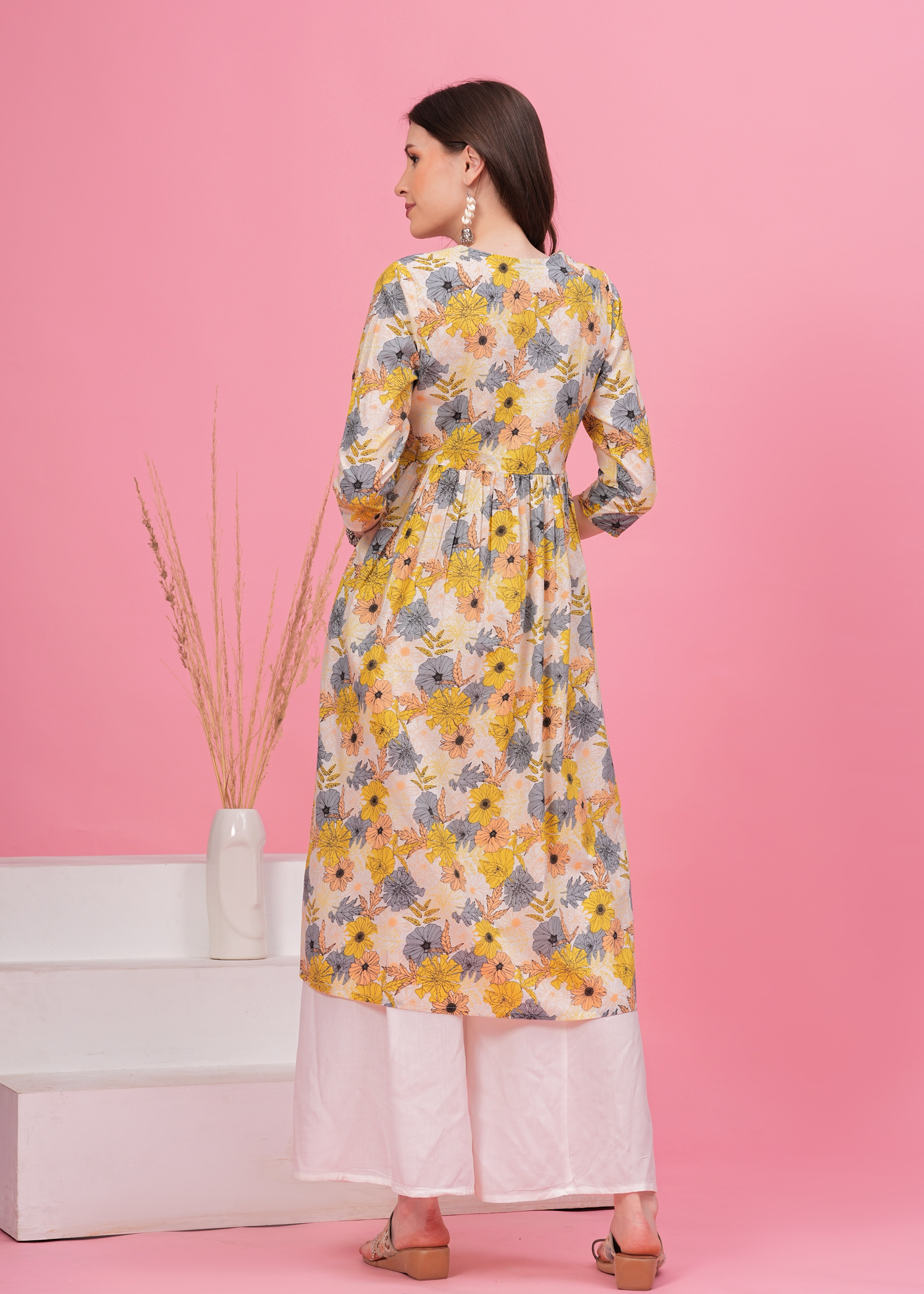 Flared Alia Cut Off white and Yellow Printed Cotton Kurta with White Divider Kurta Set
