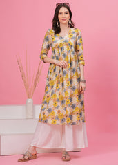 Flared Alia Cut Off white and Yellow Printed Cotton Kurta with White Divider Kurta Set