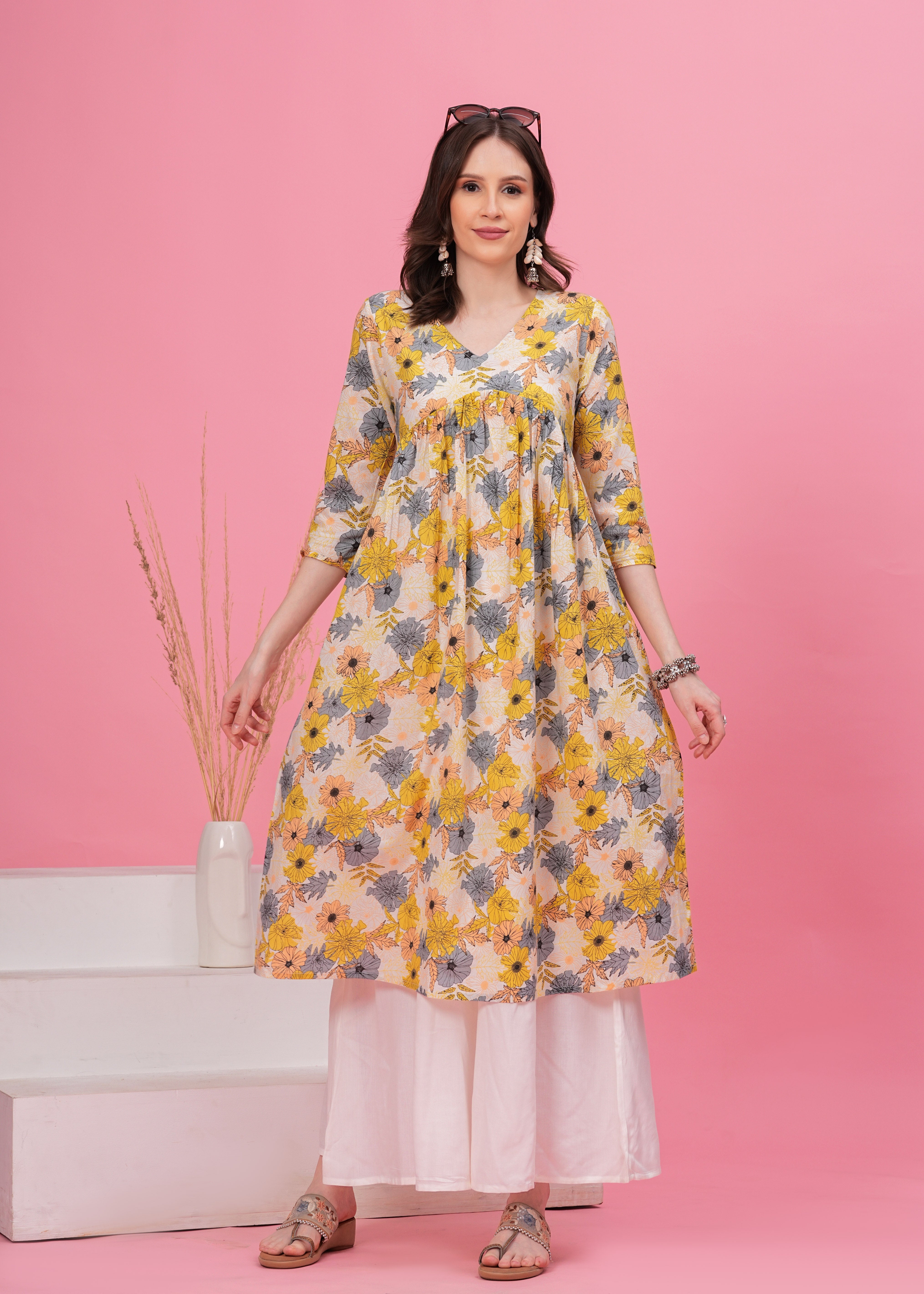 Flared Alia Cut Off white and Yellow Printed Cotton Kurta with White Divider Kurta Set