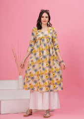Flared Alia Cut Off white and Yellow Printed Cotton Kurta with White Divider Kurta Set