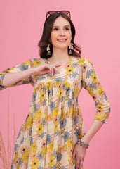 Flared Alia Cut Off white and Yellow Printed Cotton Kurta with White Divider Kurta Set