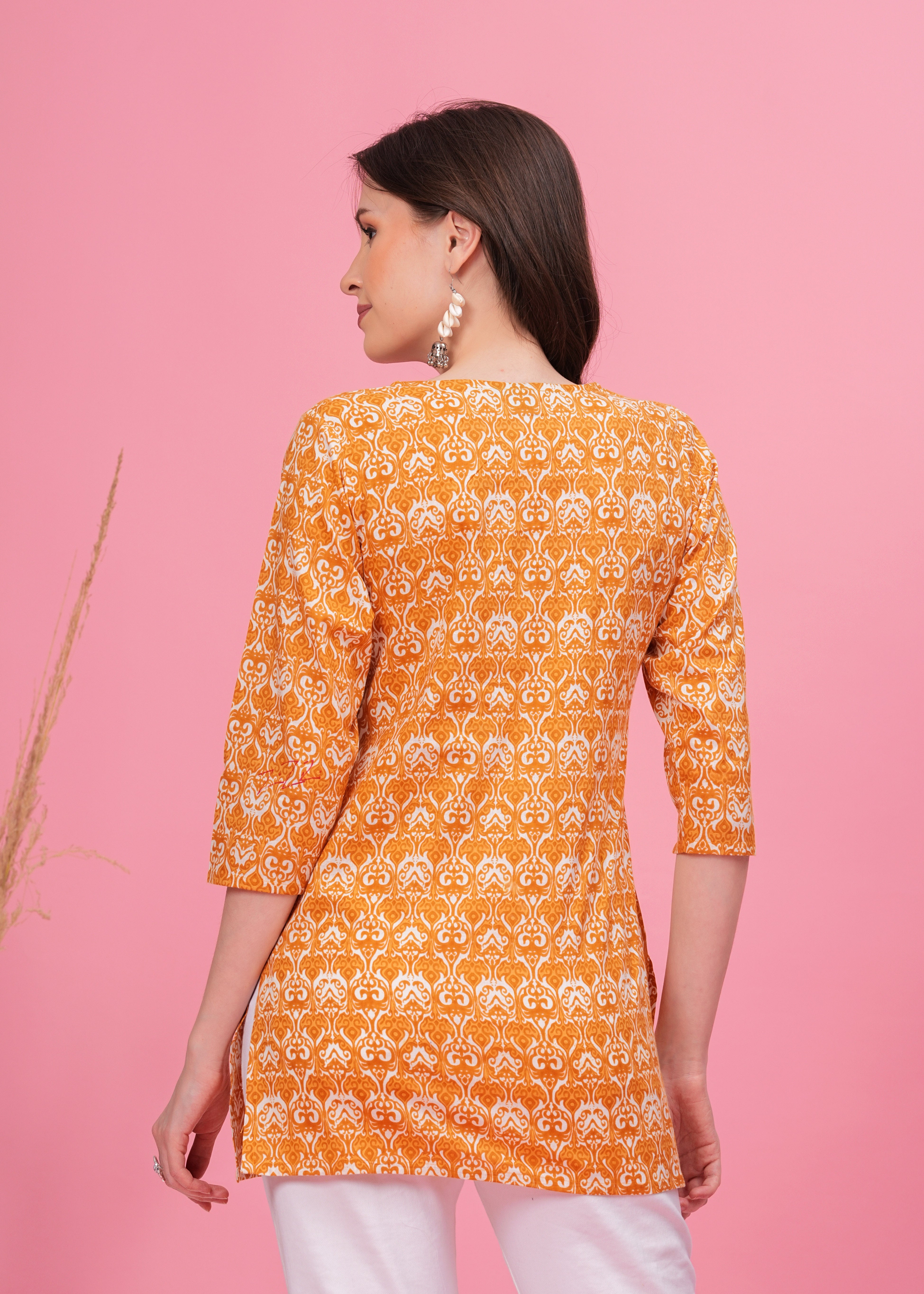 Golden Glow Stylish Yellow Pure  Cotton  Stylish  Notch Neck Line with Lace  Short Kurti