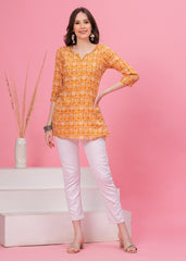 Golden Glow Stylish Yellow Pure  Cotton  Stylish  Notch Neck Line with Lace  Short Kurti