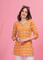 Golden Glow Stylish Yellow Pure  Cotton  Stylish  Notch Neck Line with Lace  Short Kurti