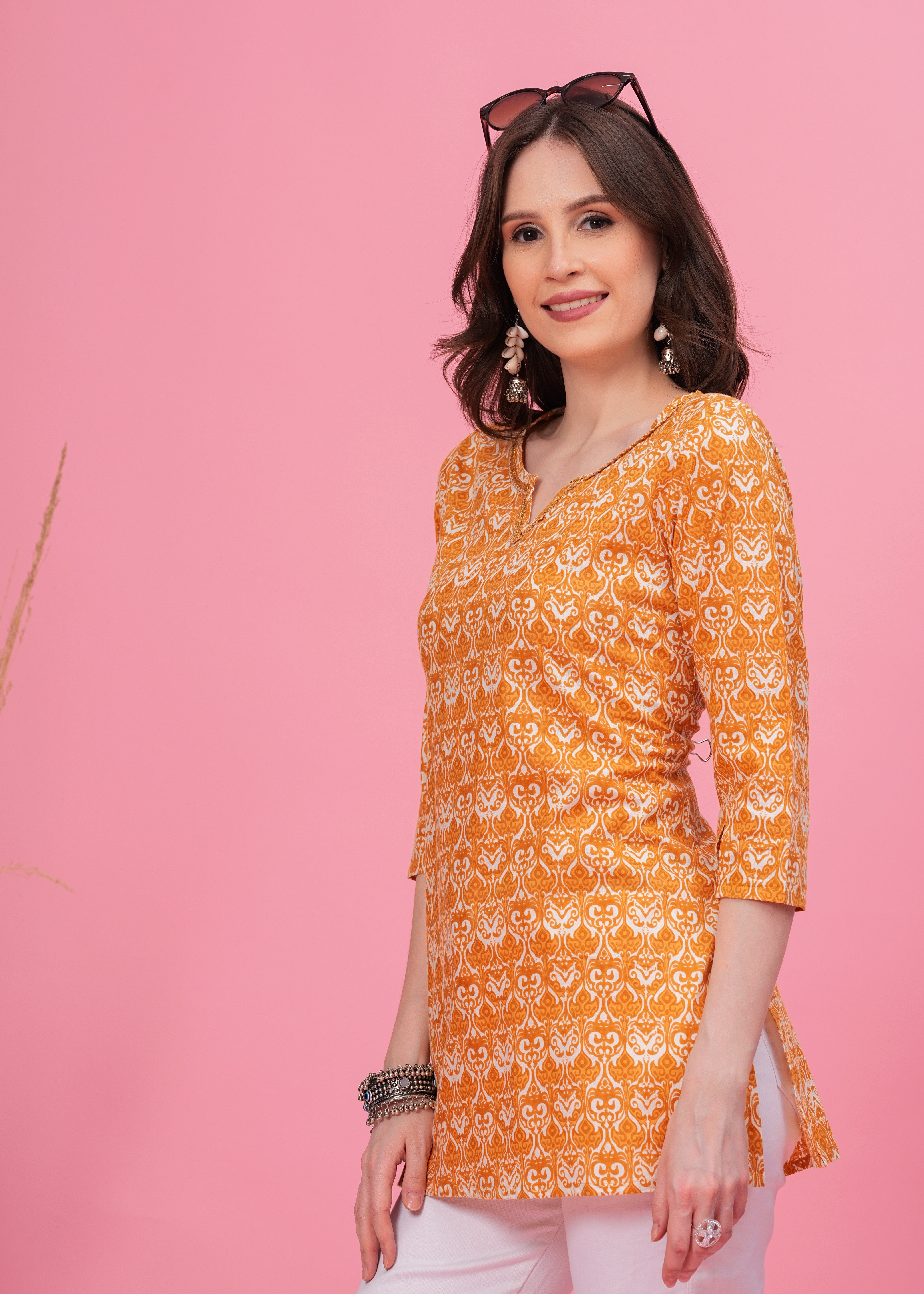 Golden Glow Stylish Yellow Pure  Cotton  Stylish  Notch Neck Line with Lace  Short Kurti