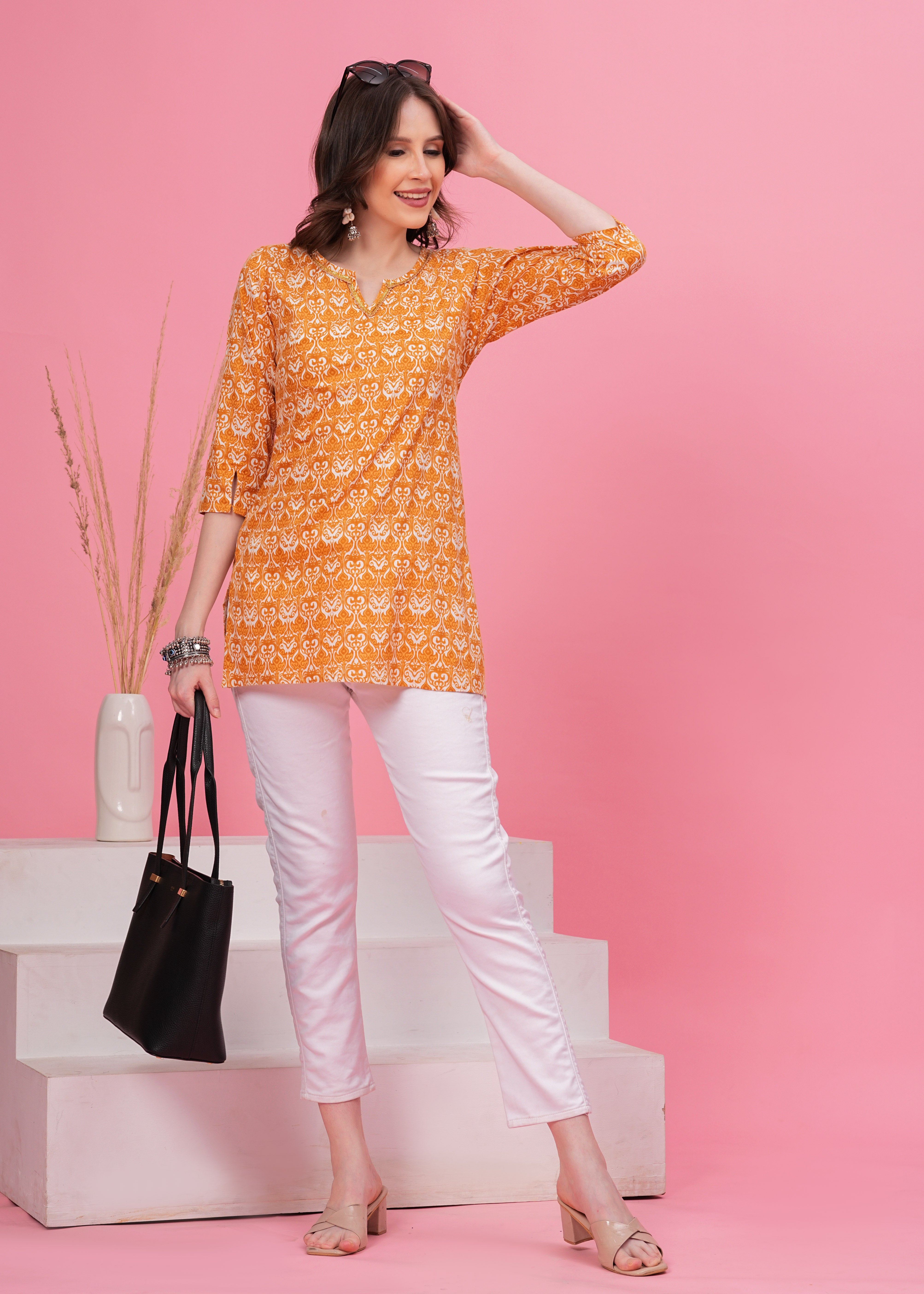 Golden Glow Stylish Yellow Pure  Cotton  Stylish  Notch Neck Line with Lace  Short Kurti