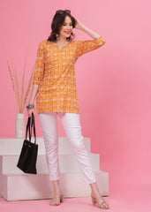 Golden Glow Stylish Yellow Pure  Cotton  Stylish  Notch Neck Line with Lace  Short Kurti