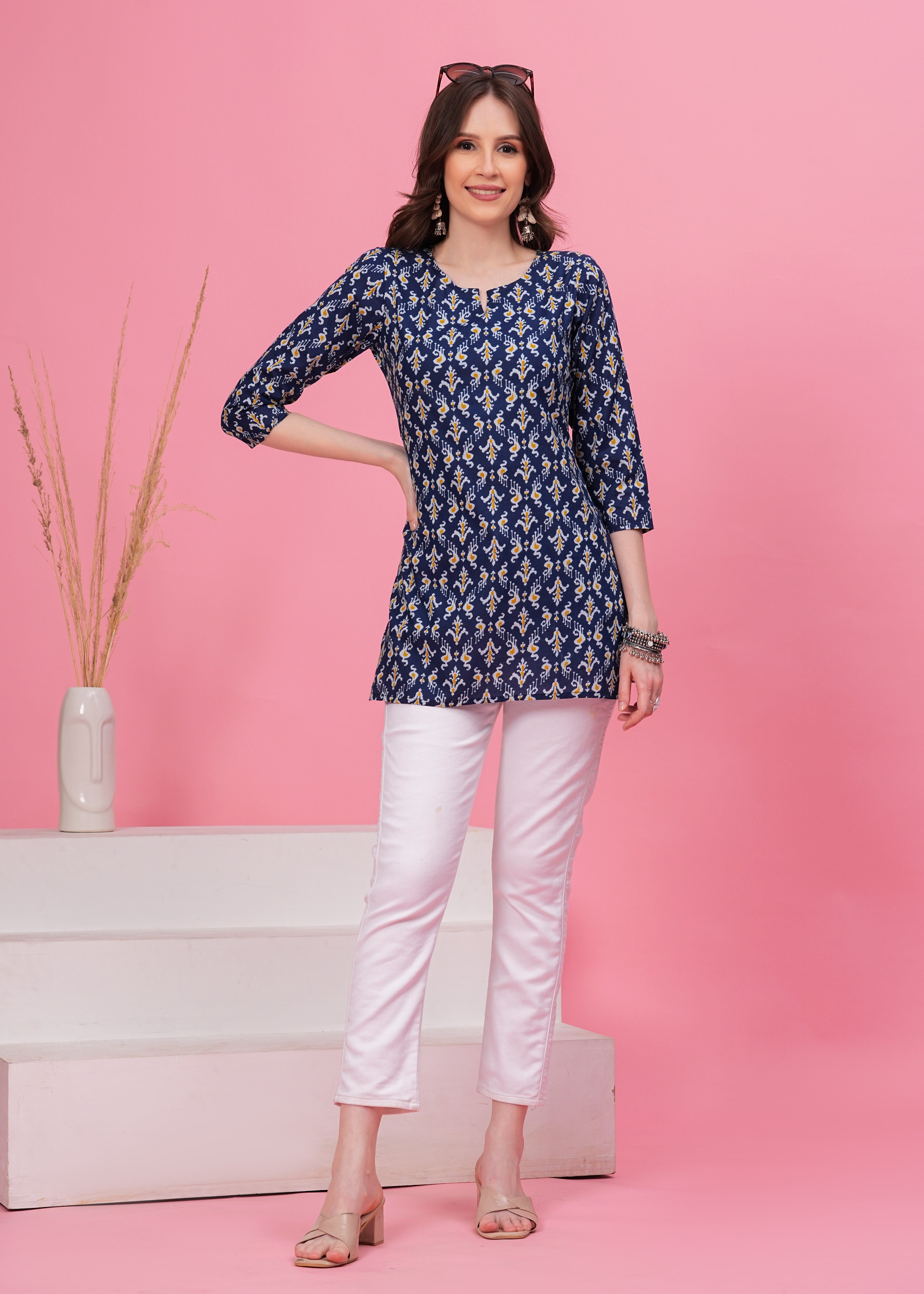 Elegant Blue Block Print Traditional Chic Style Pure Cotton Short Kurti