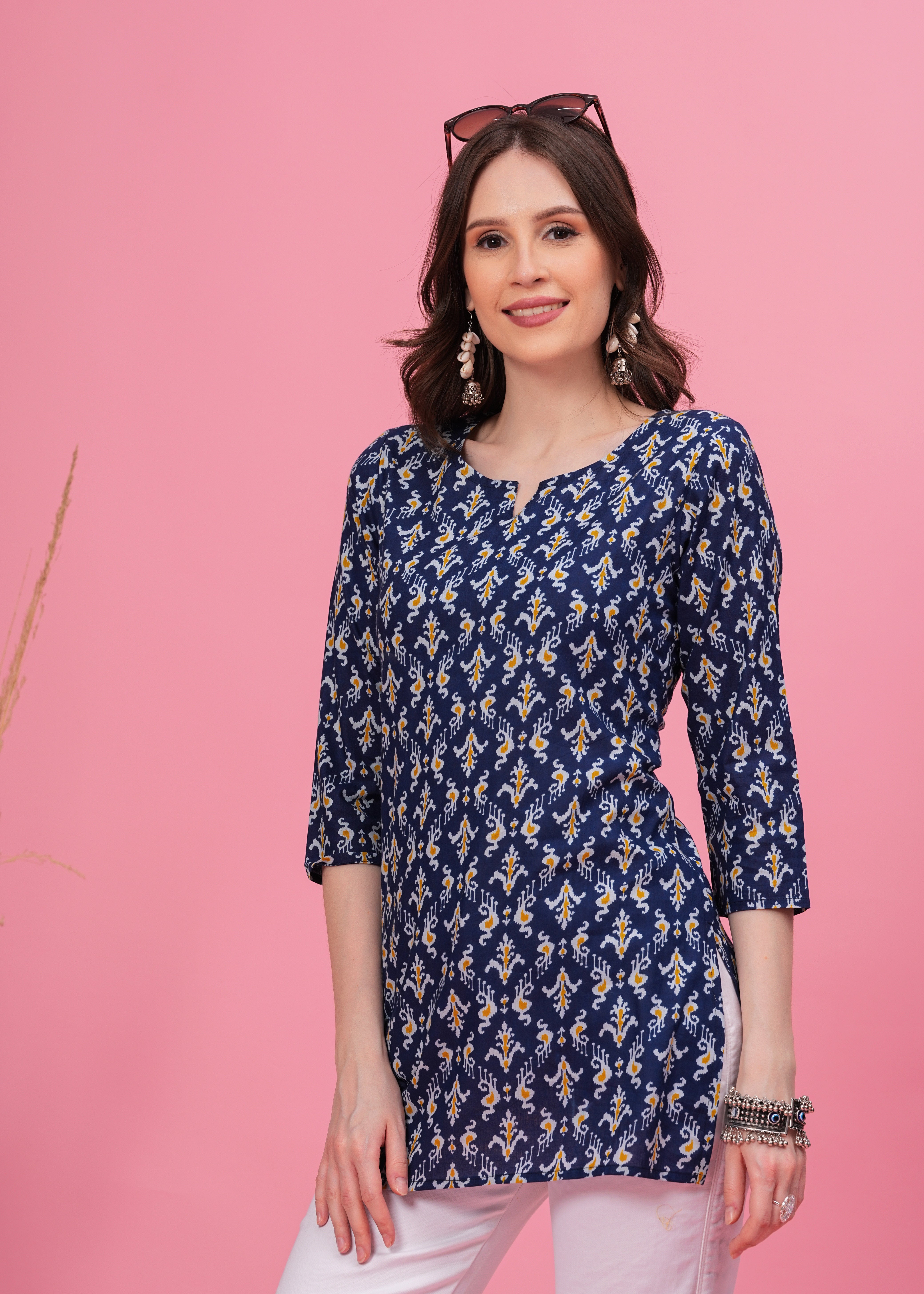 Elegant Blue Block Print Traditional Chic Style Pure Cotton Short Kurti