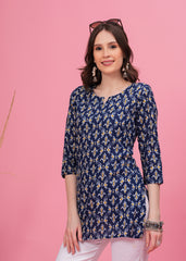 Elegant Blue Block Print Traditional Chic Style Pure Cotton Short Kurti