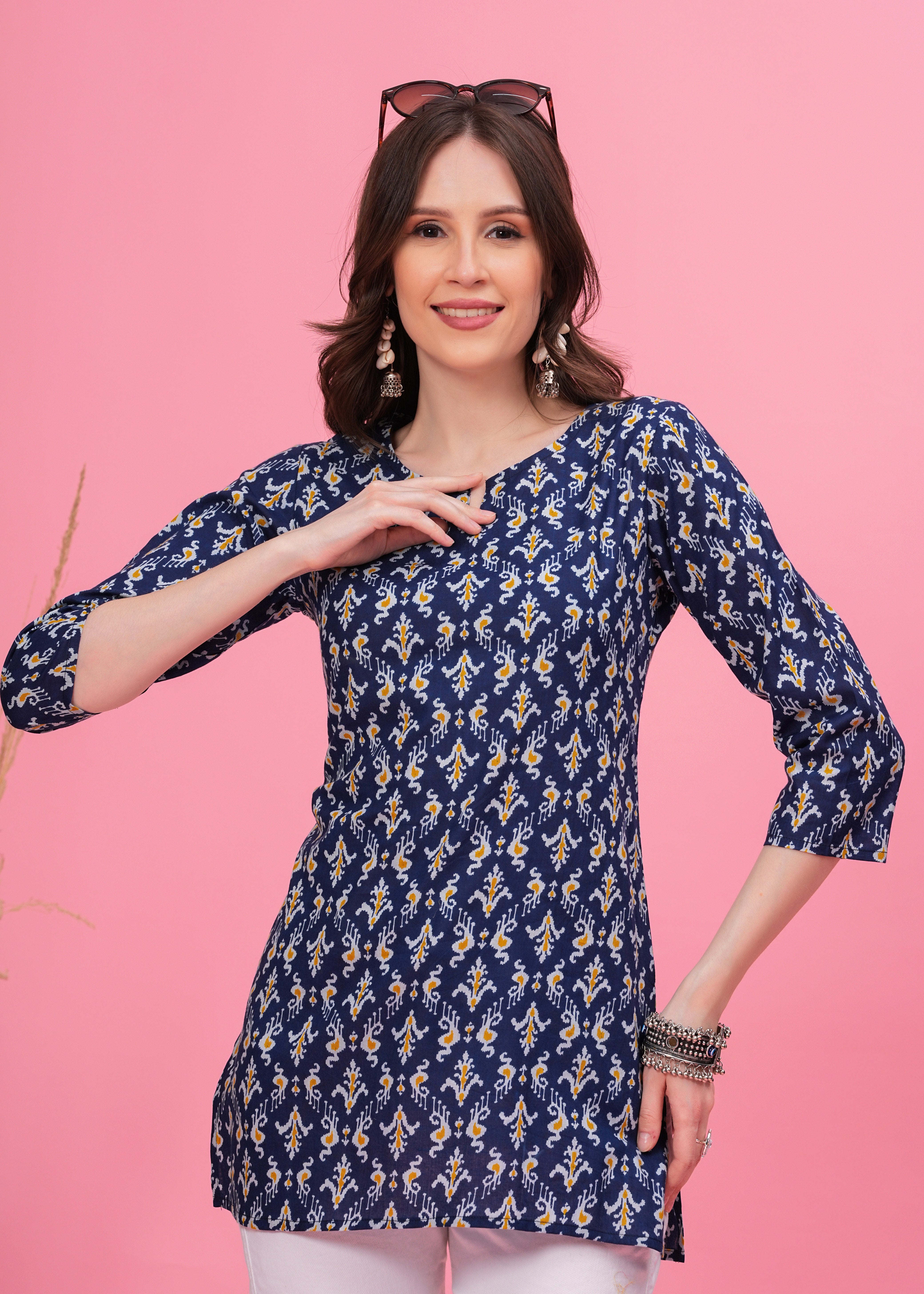 Elegant Blue Block Print Traditional Chic Style Pure Cotton Short Kurti