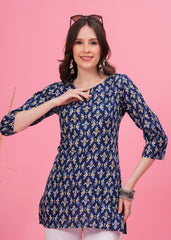 Elegant Blue Block Print Traditional Chic Style Pure Cotton Short Kurti