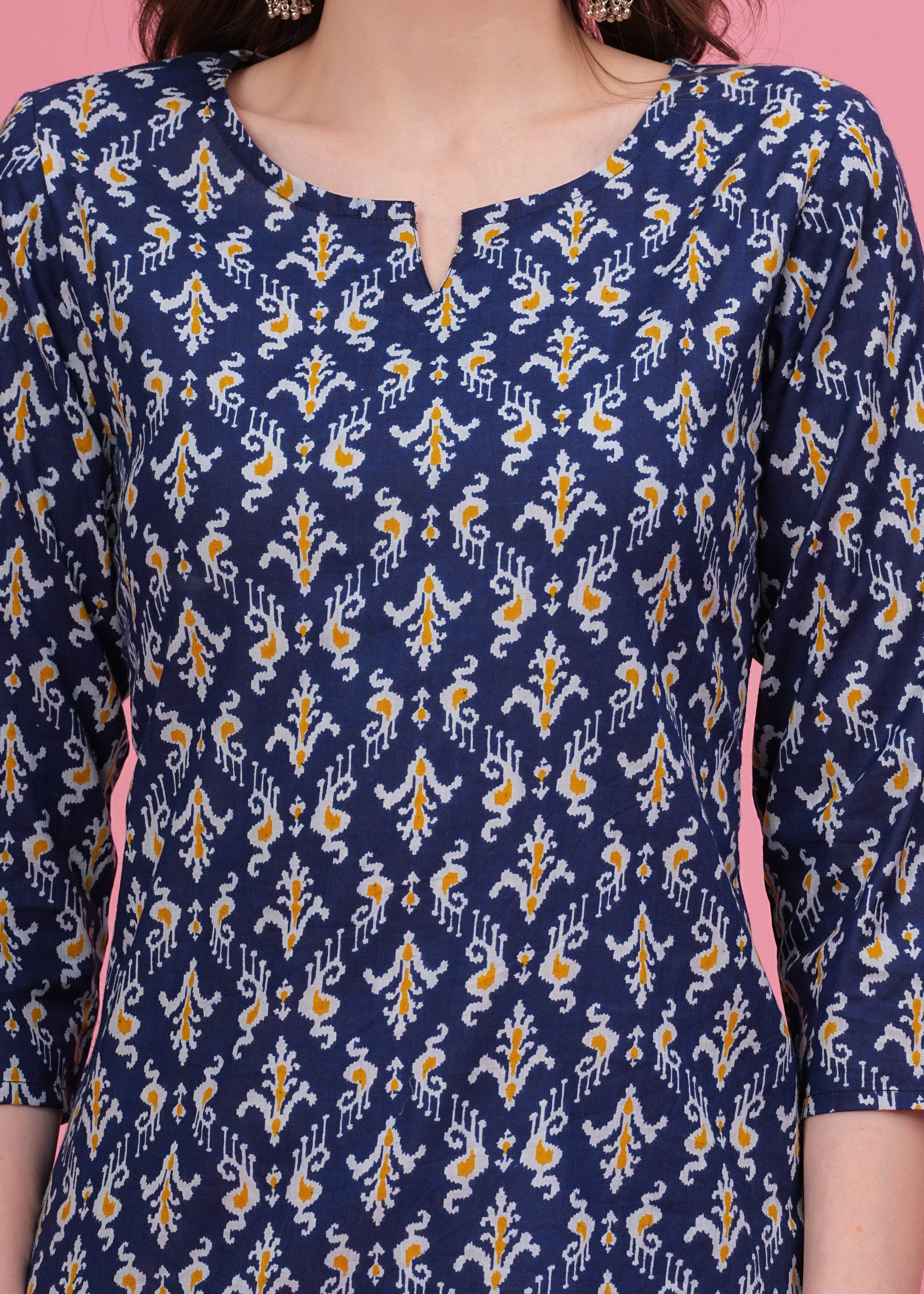 Elegant Blue Block Print Traditional Chic Style Pure Cotton Short Kurti