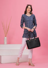 Elegant Blue Block Print Traditional Chic Style Pure Cotton Short Kurti