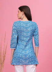 Trendy Sky Blue Cotton Short Kurti- Perfect Blend of Comfort and Style