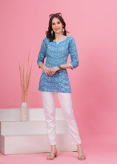Trendy Sky Blue Cotton Short Kurti- Perfect Blend of Comfort and Style