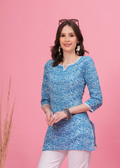 Trendy Sky Blue Cotton Short Kurti- Perfect Blend of Comfort and Style