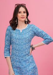 Trendy Sky Blue Cotton Short Kurti- Perfect Blend of Comfort and Style