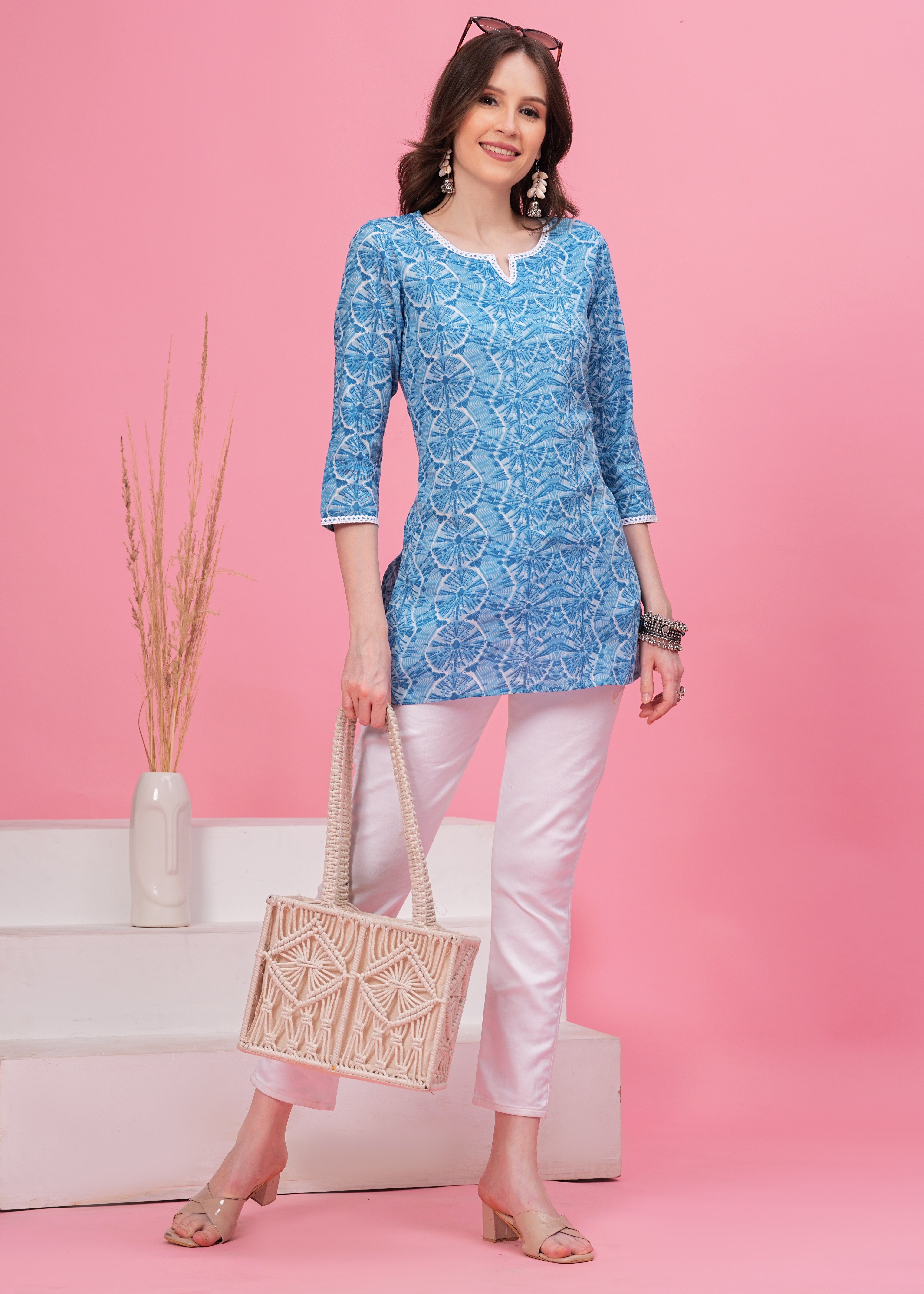 Trendy Sky Blue Cotton Short Kurti- Perfect Blend of Comfort and Style