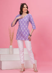 Charming Lavender Elegant and Versatile Pure Cotton Fabric Notch Neck Line Short Kurti