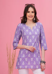Charming Lavender Elegant and Versatile Pure Cotton Fabric Notch Neck Line Short Kurti