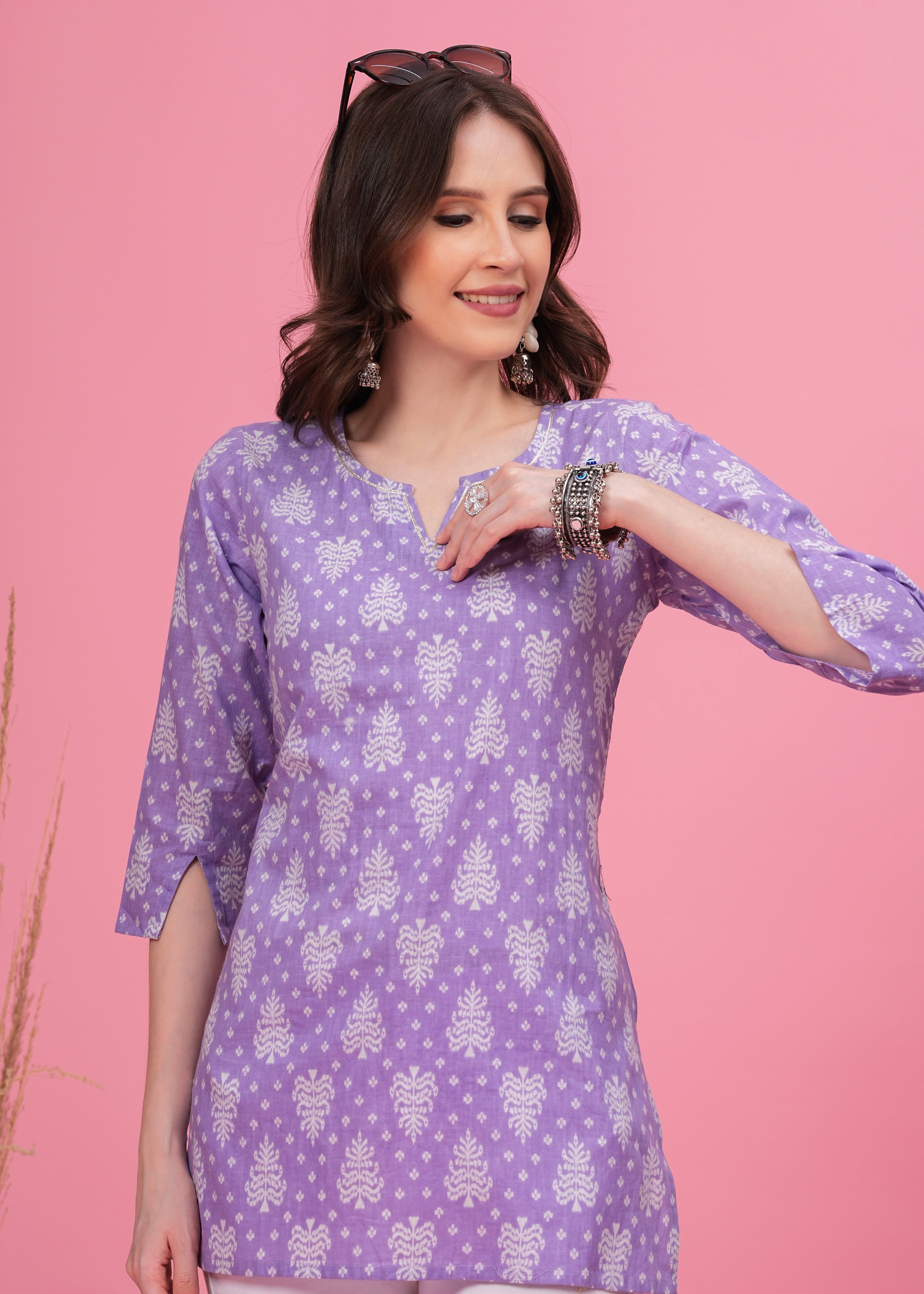 Charming Lavender Elegant and Versatile Pure Cotton Fabric Notch Neck Line Short Kurti