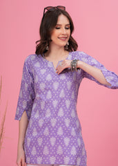 Charming Lavender Elegant and Versatile Pure Cotton Fabric Notch Neck Line Short Kurti