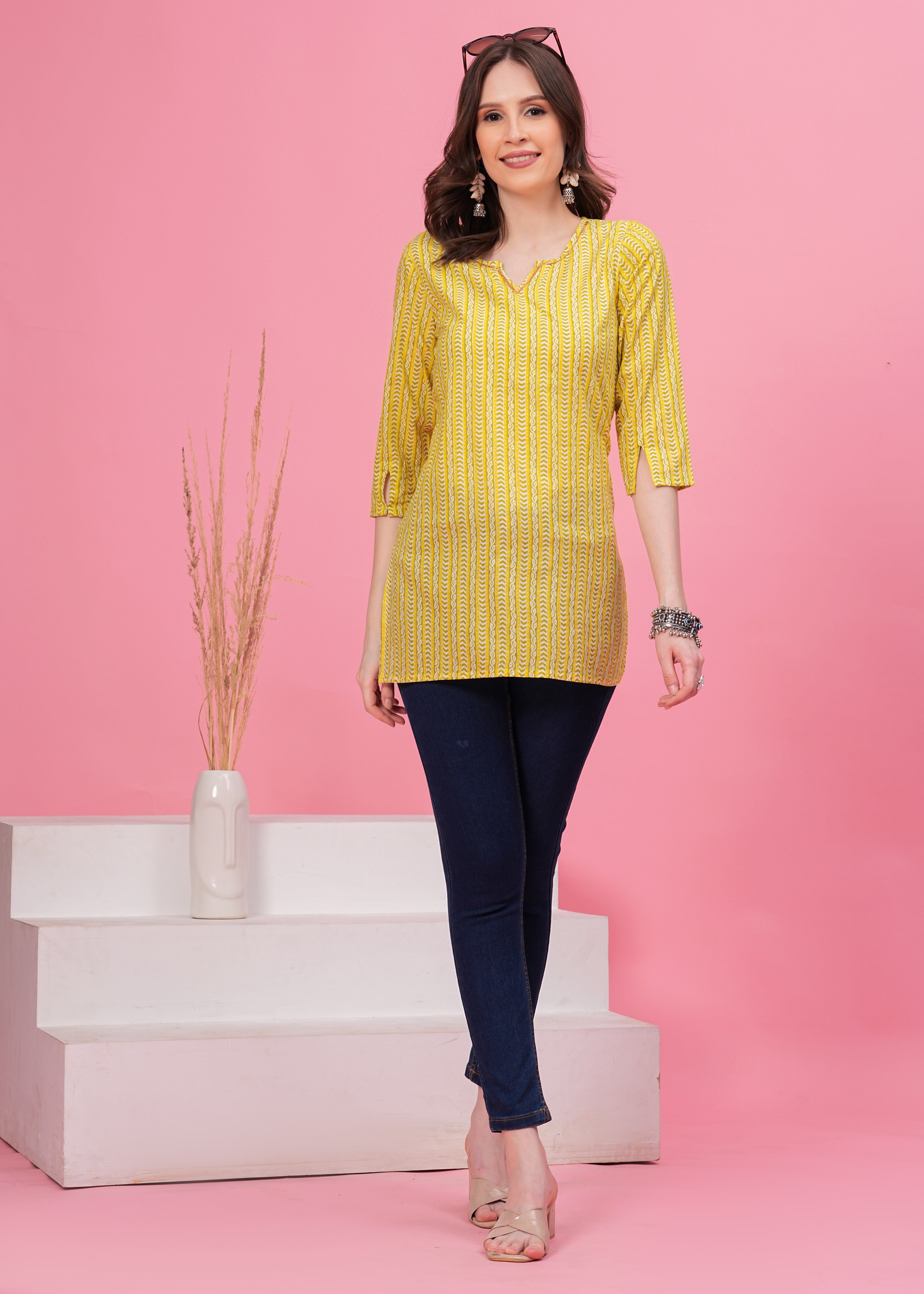 Bright Yellow Printed Short Kurti-Vibrant Style For a Fresh Look