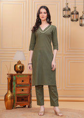 Embrace timeless elegance with our Olive Green Kurta Pant Set, a perfect blend of style and comfort