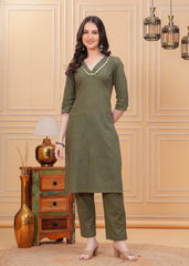 Embrace timeless elegance with our Olive Green Kurta Pant Set, a perfect blend of style and comfort
