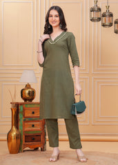 Embrace timeless elegance with our Olive Green Kurta Pant Set, a perfect blend of style and comfort