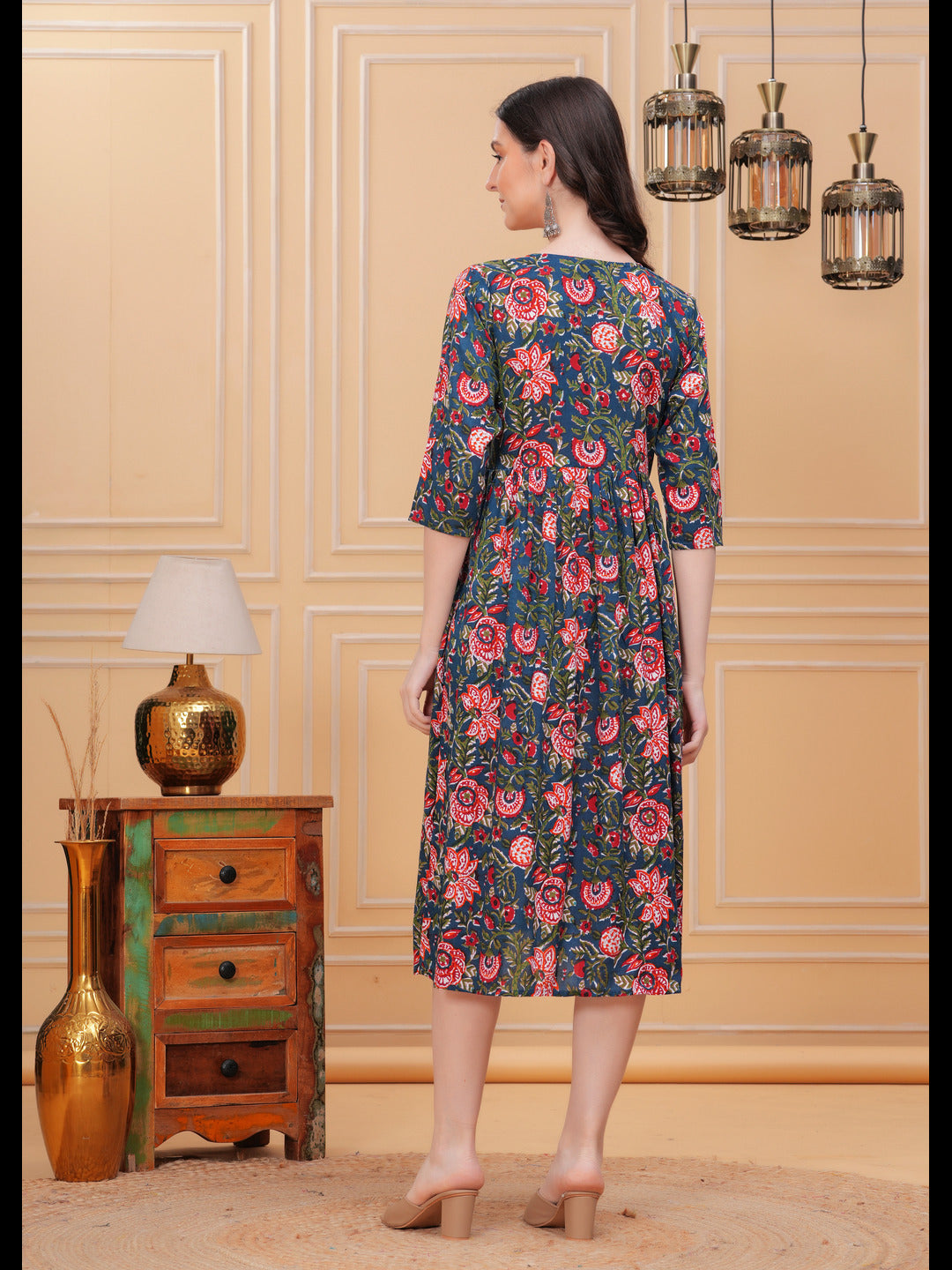 Chic Green Alia Cut Flared Cotton Long Kurti with Unique Prints - A Blend of Comfort, Style, and Graceful Design for Any Occasion