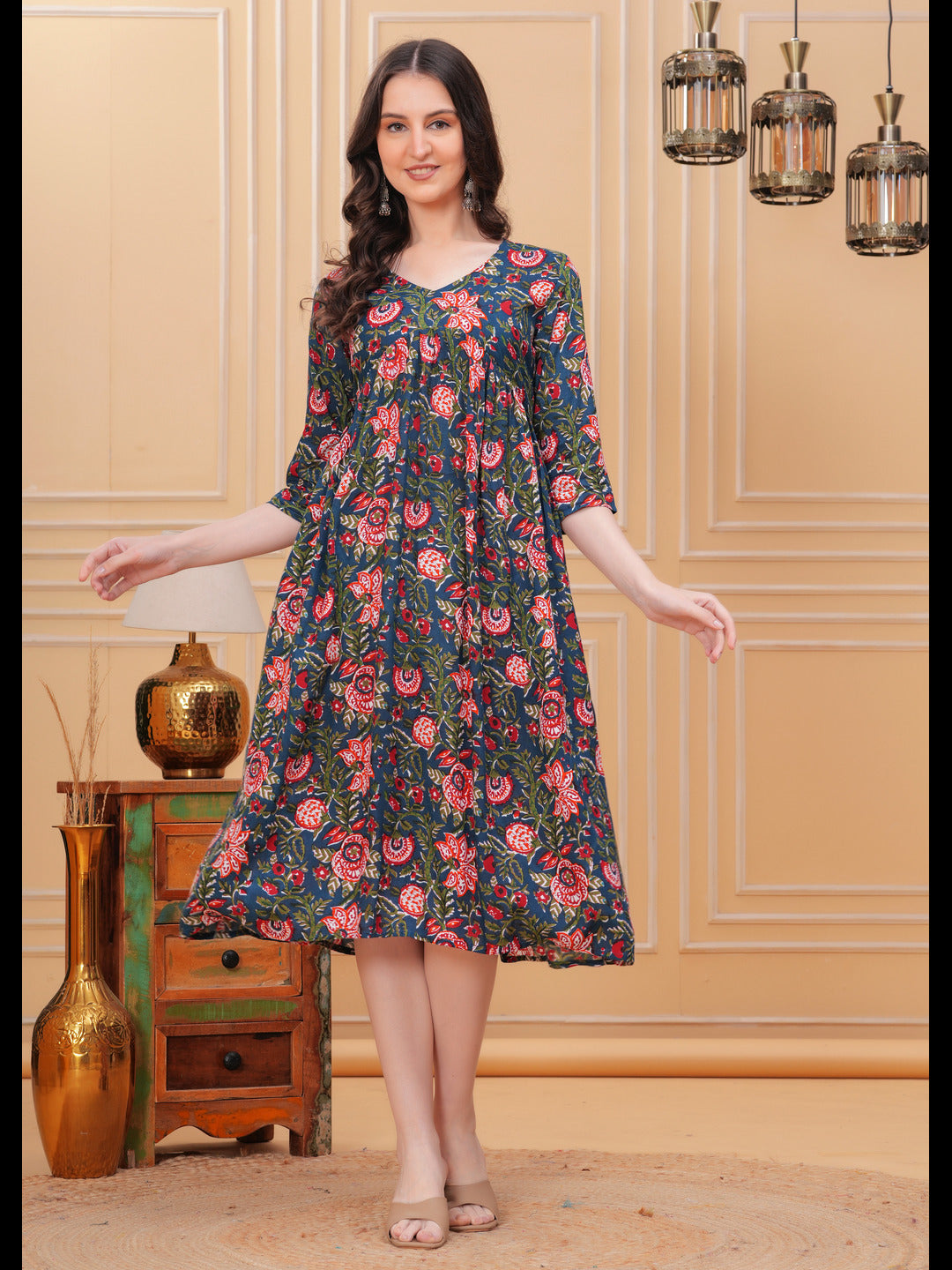 Chic Green Alia Cut Flared Cotton Long Kurti with Unique Prints - A Blend of Comfort, Style, and Graceful Design for Any Occasion