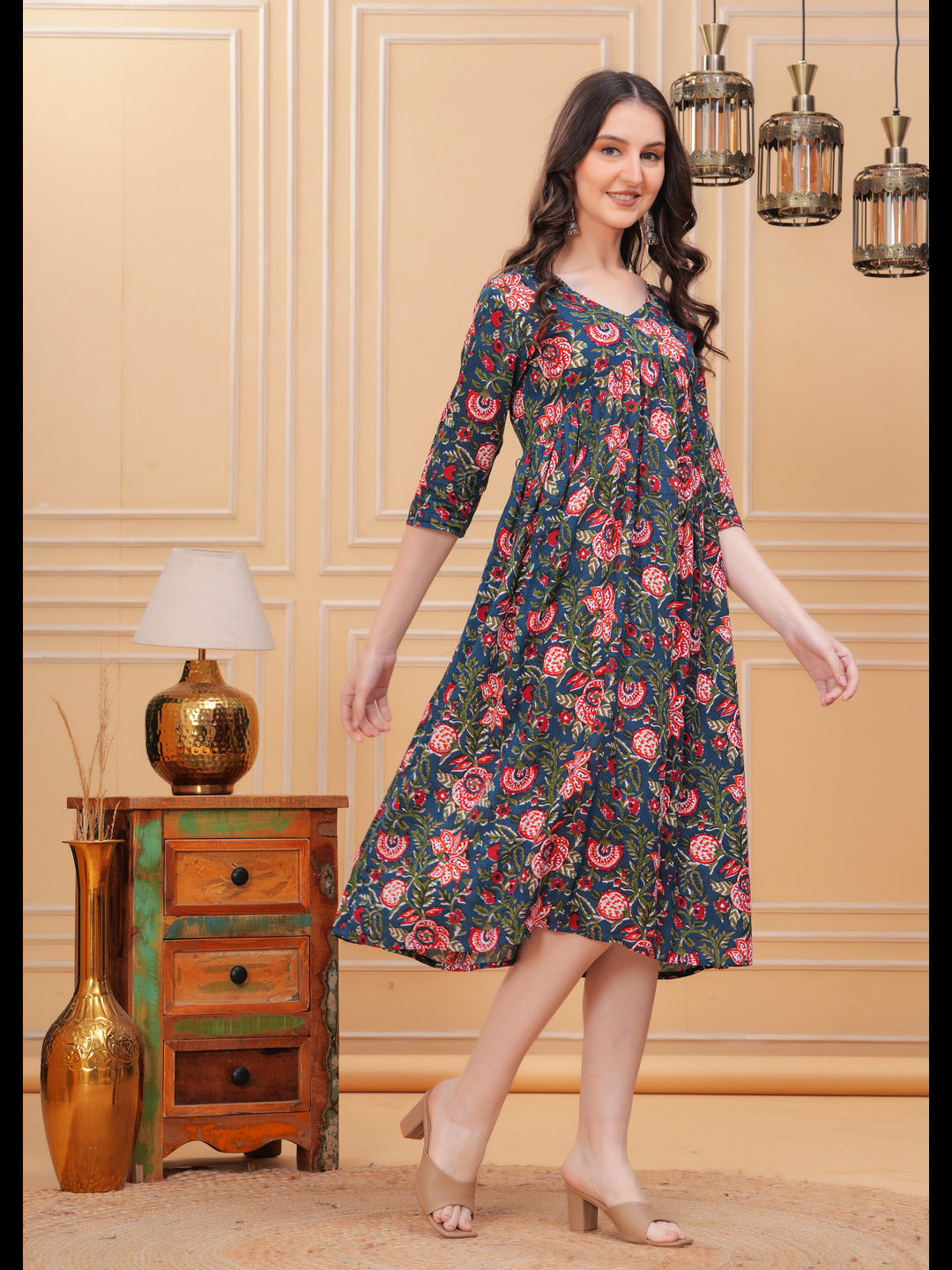 Chic Green Alia Cut Flared Cotton Long Kurti with Unique Prints - A Blend of Comfort, Style, and Graceful Design for Any Occasion