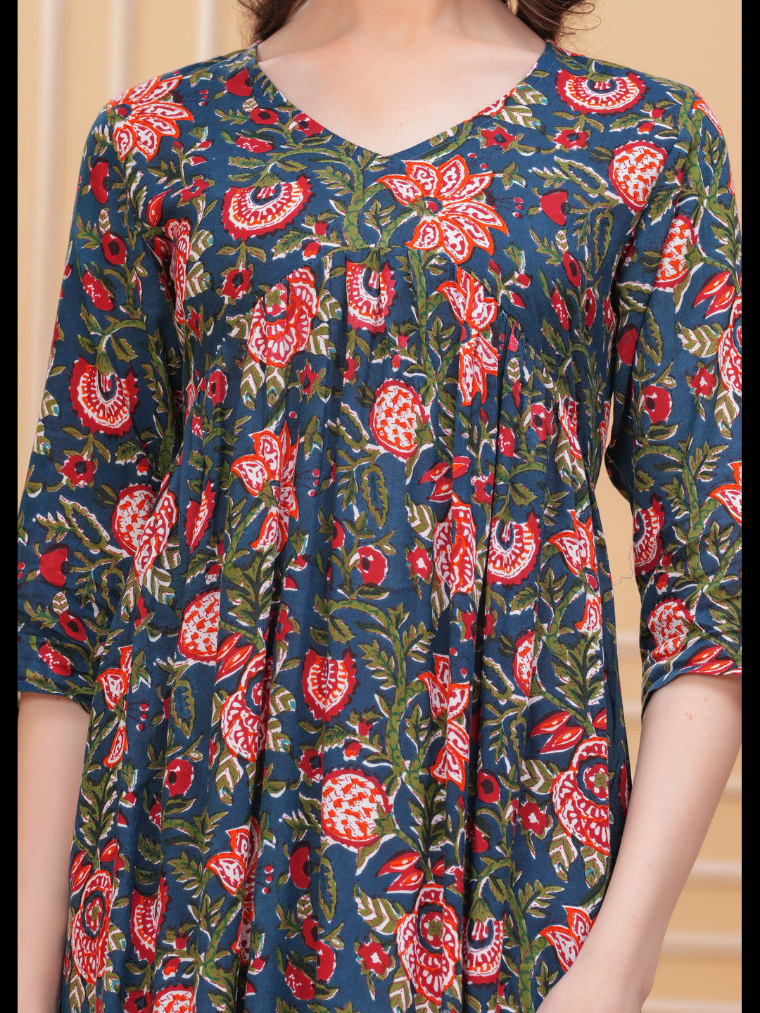 Chic Green Alia Cut Flared Cotton Long Kurti with Unique Prints - A Blend of Comfort, Style, and Graceful Design for Any Occasion