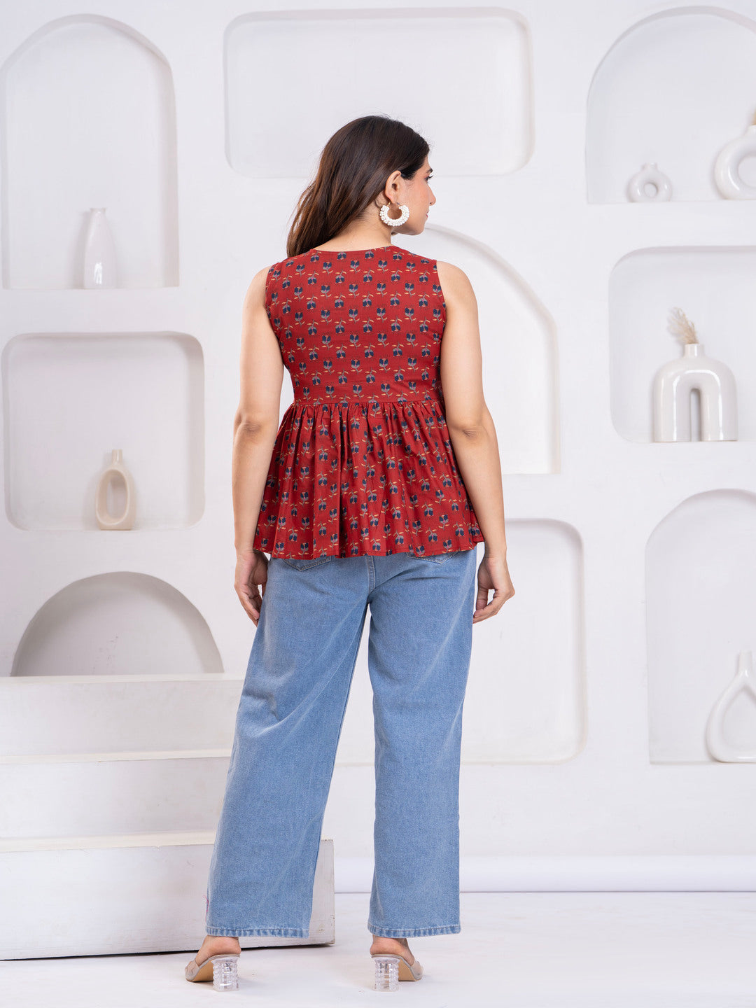 Handcrafted Red Color Block Printed Cotton Top – Lightweight, Breathable Fabric with Traditional Block Print Design