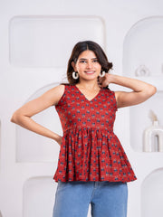 Handcrafted Red Color Block Printed Cotton Top – Lightweight, Breathable Fabric with Traditional Block Print Design