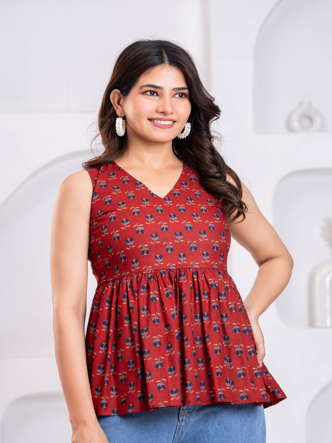 Handcrafted Red Color Block Printed Cotton Top – Lightweight, Breathable Fabric with Traditional Block Print Design