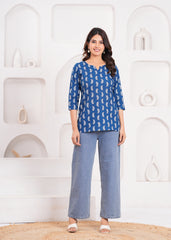 Elegant Blue Short Kurti Made from 100% Pure Cotton – Soft, Breathable Fabric with a Modern Fit for Comfortable Everyday and Festive Wear
