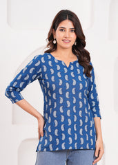 Elegant Blue Short Kurti Made from 100% Pure Cotton – Soft, Breathable Fabric with a Modern Fit for Comfortable Everyday and Festive Wear