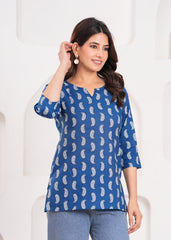 Elegant Blue Short Kurti Made from 100% Pure Cotton – Soft, Breathable Fabric with a Modern Fit for Comfortable Everyday and Festive Wear