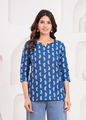 Elegant Blue Short Kurti Made from 100% Pure Cotton – Soft, Breathable Fabric with a Modern Fit for Comfortable Everyday and Festive Wear
