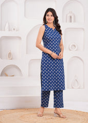 Elegant Sleeveless Blue Kurta & Pant Set in Pure Cotton – Lightweight and Stylish for Daily Wear or Casual Outings